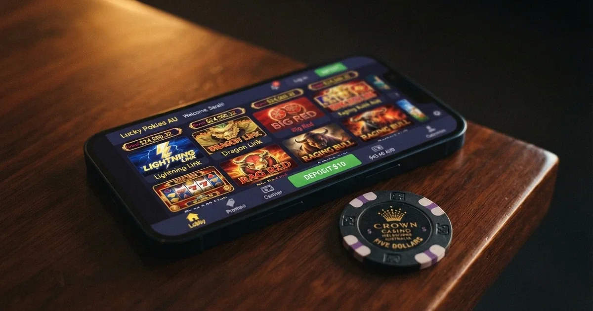 An Australian twenty-dollar note beside a smartphone showing a pokies game lobby with a $10 deposit button highlighted