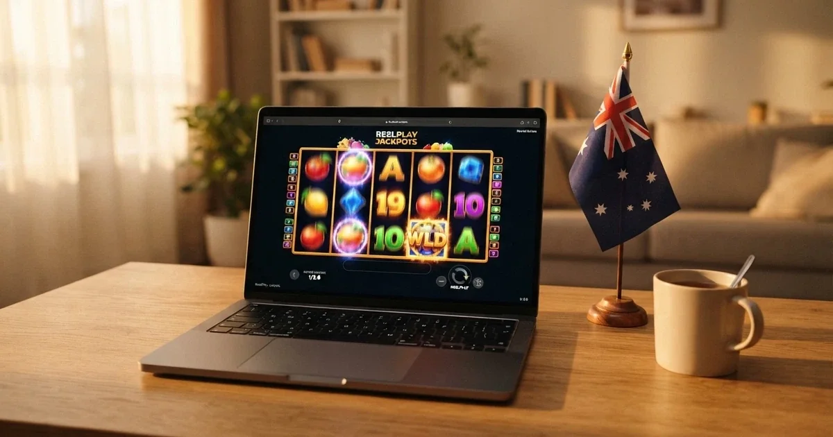A laptop screen showing an online pokies game reels display alongside a casino registration form with an Australian flag visible on the desk