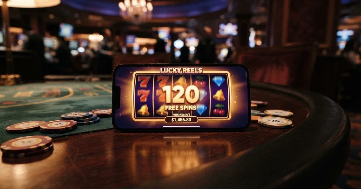 A row of colourful online pokie reels spinning against a dark casino-themed background, with the number 120 highlighted in gold