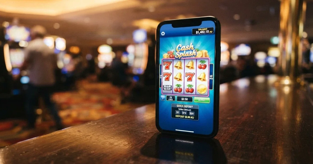 A smartphone displaying an online casino game lobby with a deposit screen showing a two-dollar amount in Australian currency