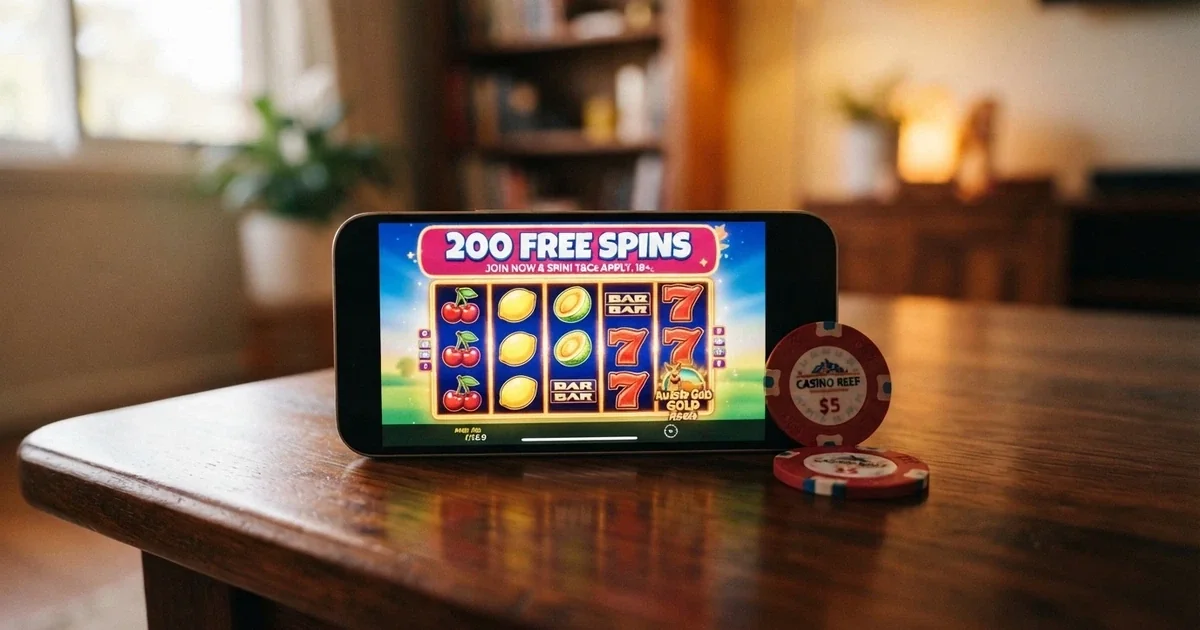 A smartphone screen showing a colourful online pokies game with a “200 Free Spins” welcome banner overlay, an Australian $20 note resting beside the phone