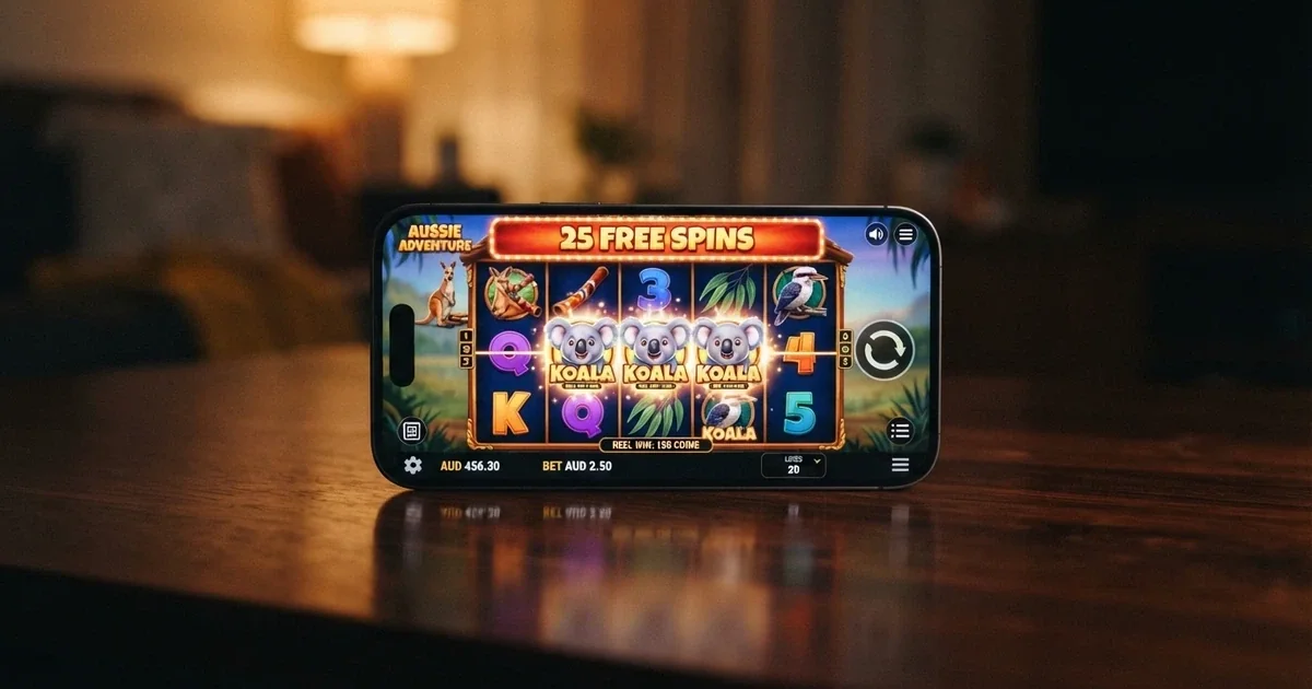 A smartphone screen displaying an online pokies game with a free spins bonus notification and the reels mid-spin