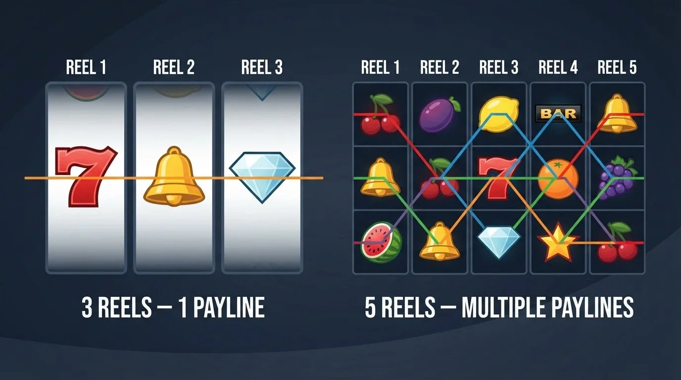A side-by-side diagram comparing a classic 3-reel pokie layout with a single payline against a modern 5×3 reel grid with multiple paylines marked