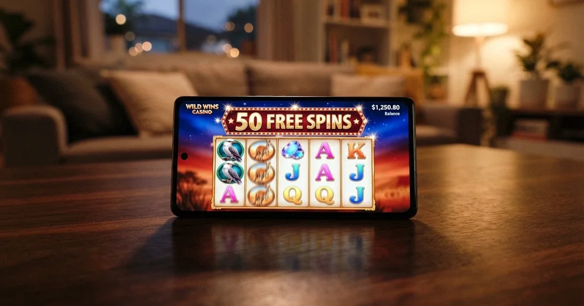 A smartphone screen showing a colourful online pokie reel mid-spin with a “50 Free Spins” promotional banner across the top