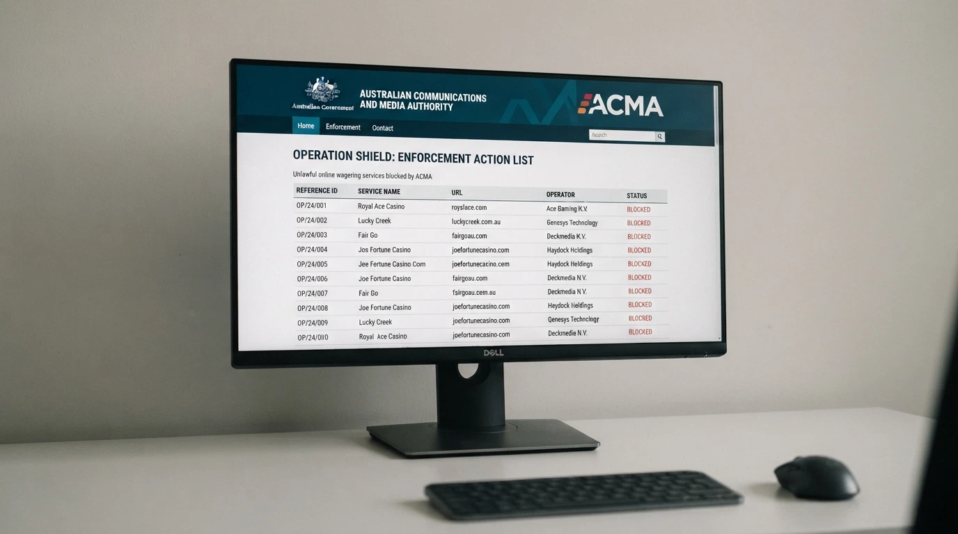 An ACMA webpage listing blocked illegal gambling websites with the official Commonwealth coat of arms and a prominent “Access Restricted” notice