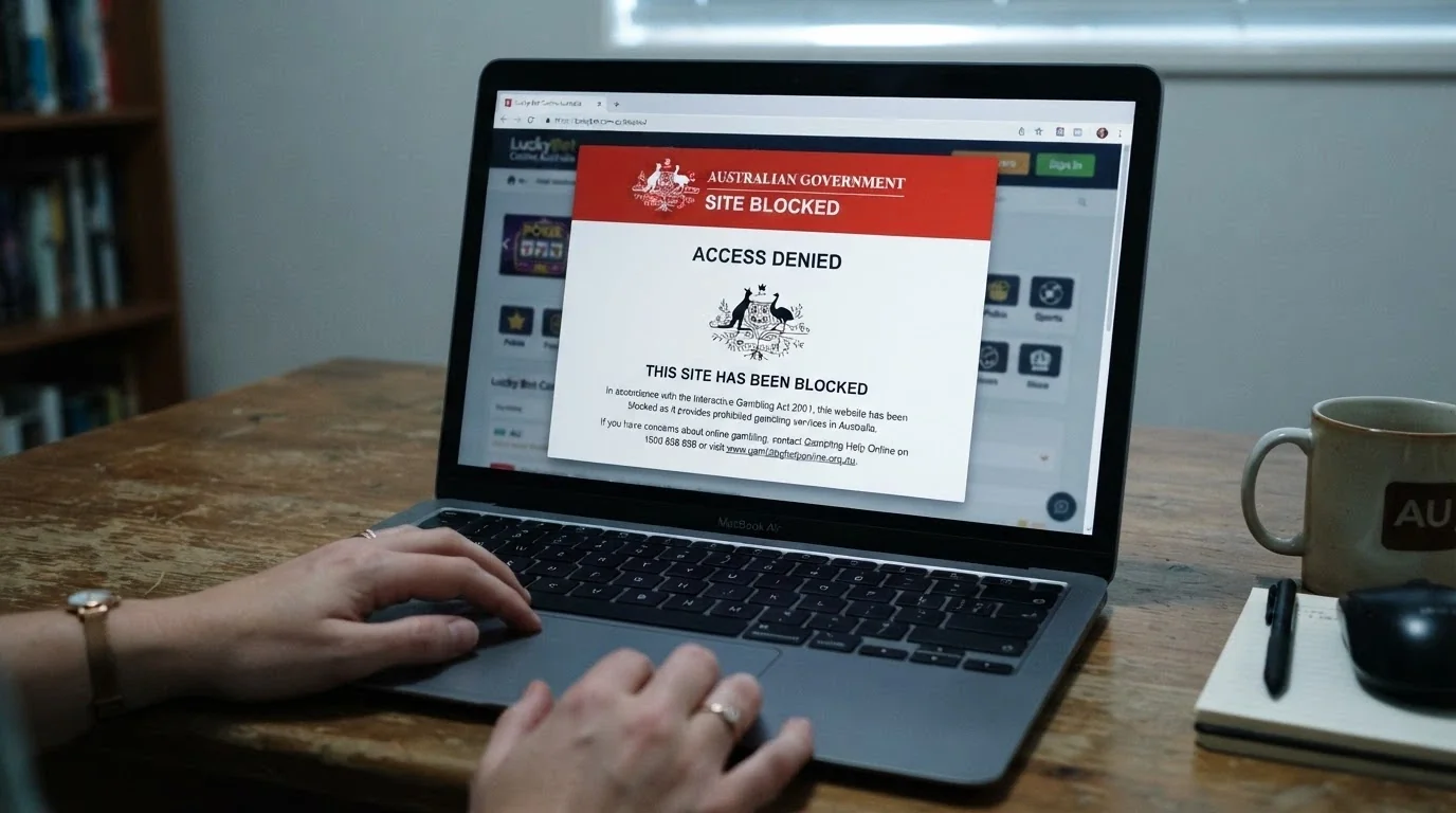 A web browser displaying an ACMA blocking notice over a greyed-out gambling website, with the ACMA logo visible