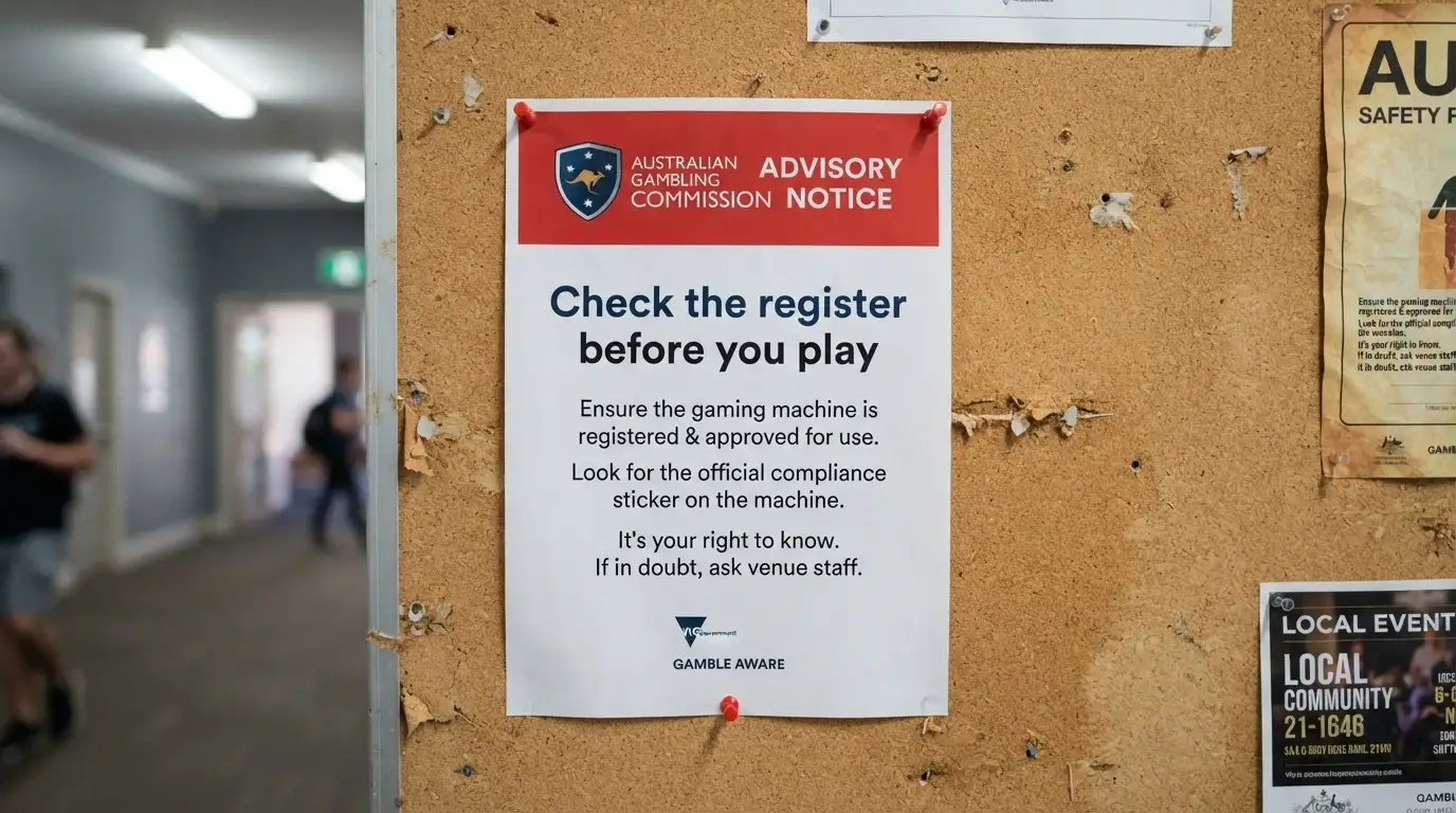 A warning-style graphic showing the ACMA logo beside a blocked-website notice and the words 'Check the register before you play'