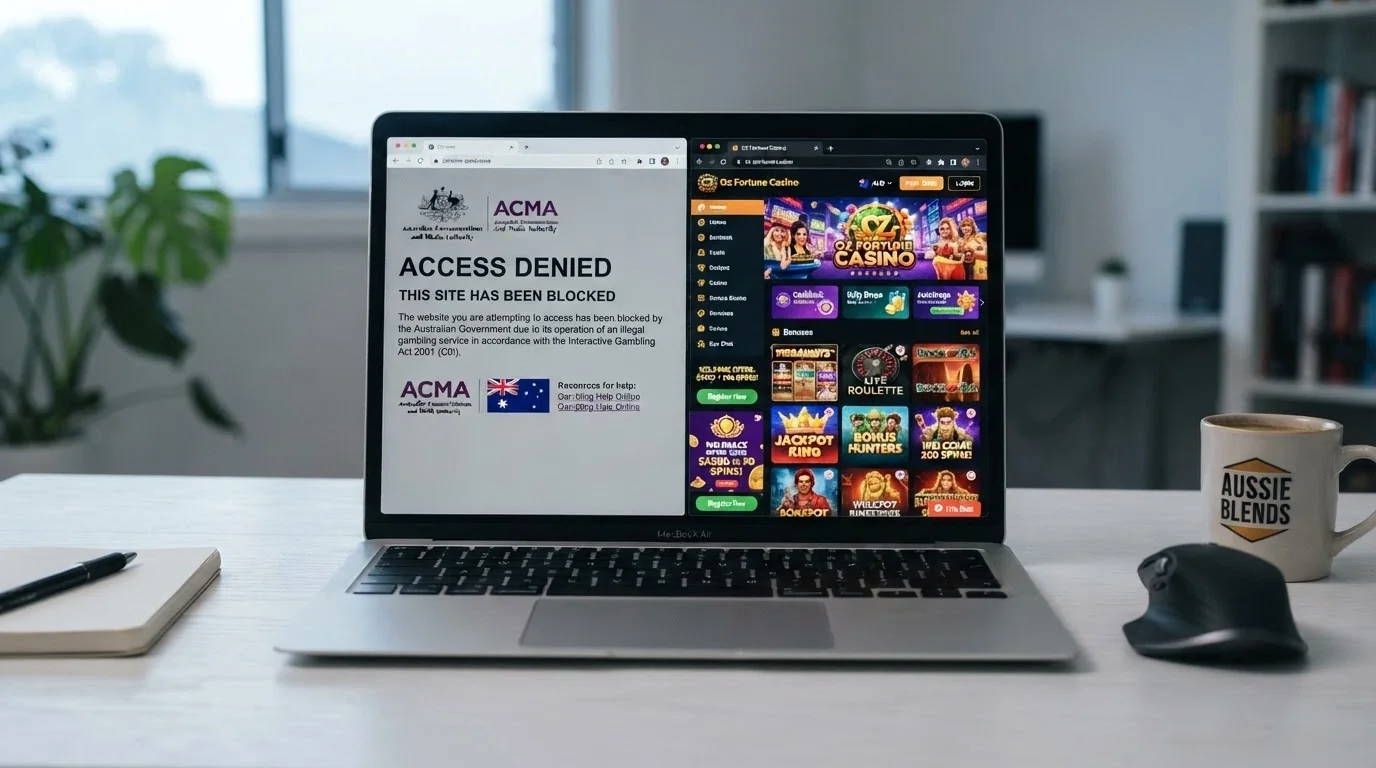 A browser window displaying an ACMA site-blocked notice alongside an offshore casino landing page, the contrast clear