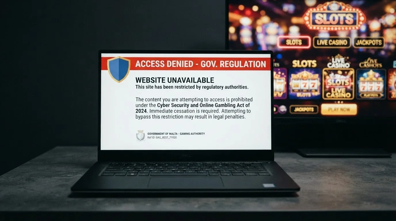 A government-styled warning screen with the ACMA logo and a site-blocked notification, with a casino lobby faded in the background