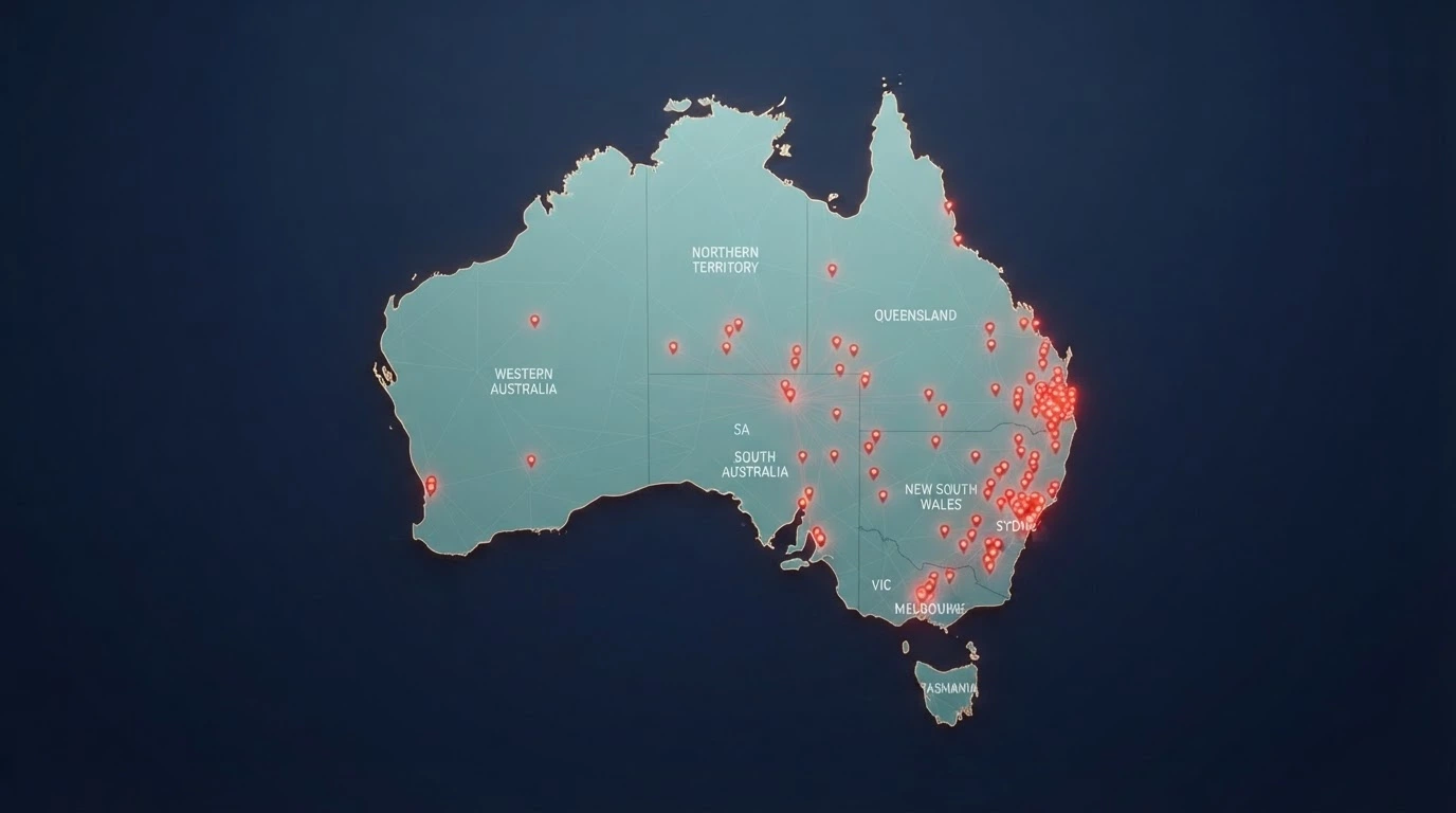 A stylised map of Australia with blocked-site markers radiating outward from a central ACMA logo, showing the scale of enforcement