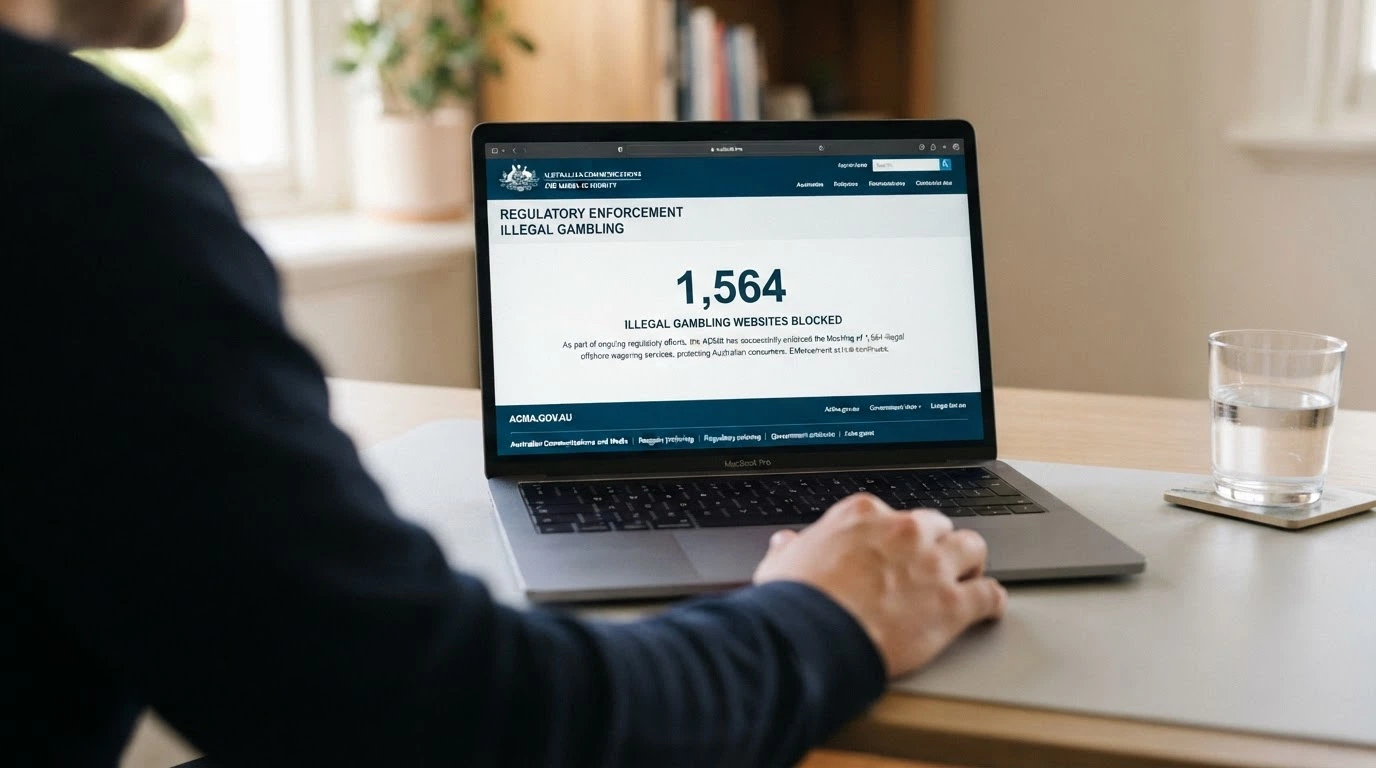 Screenshot of an ACMA website page listing the tally of blocked illegal gambling websites and the enforcement notice text