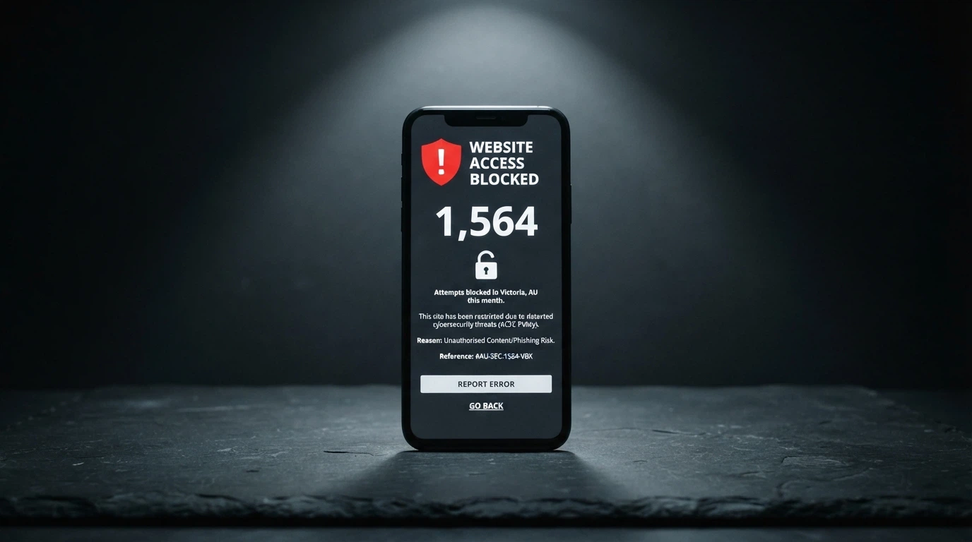 A smartphone screen showing a website-blocked notice with an ACMA logo, the figure 1,564 prominently displayed, and a padlock symbol on a dark background