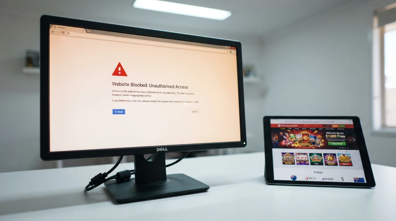 A desktop browser displaying an ACMA blocking notice with the Australian Government crest visible, beside a muted casino landing page