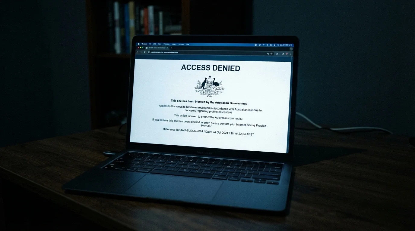 A browser window displaying the ACMA-blocked-website notice an Australian ISP serves when a user tries to reach a blocked illegal gambling site, with the ACMA logo visible