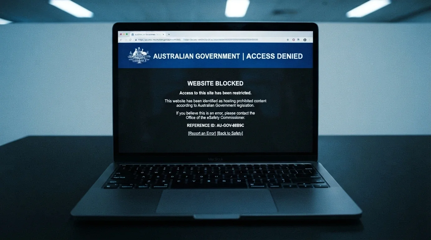 A web browser displaying the ACMA blocking notice Australians see when an ISP blocks an illegal gambling site — the official government banner across a darkened screen