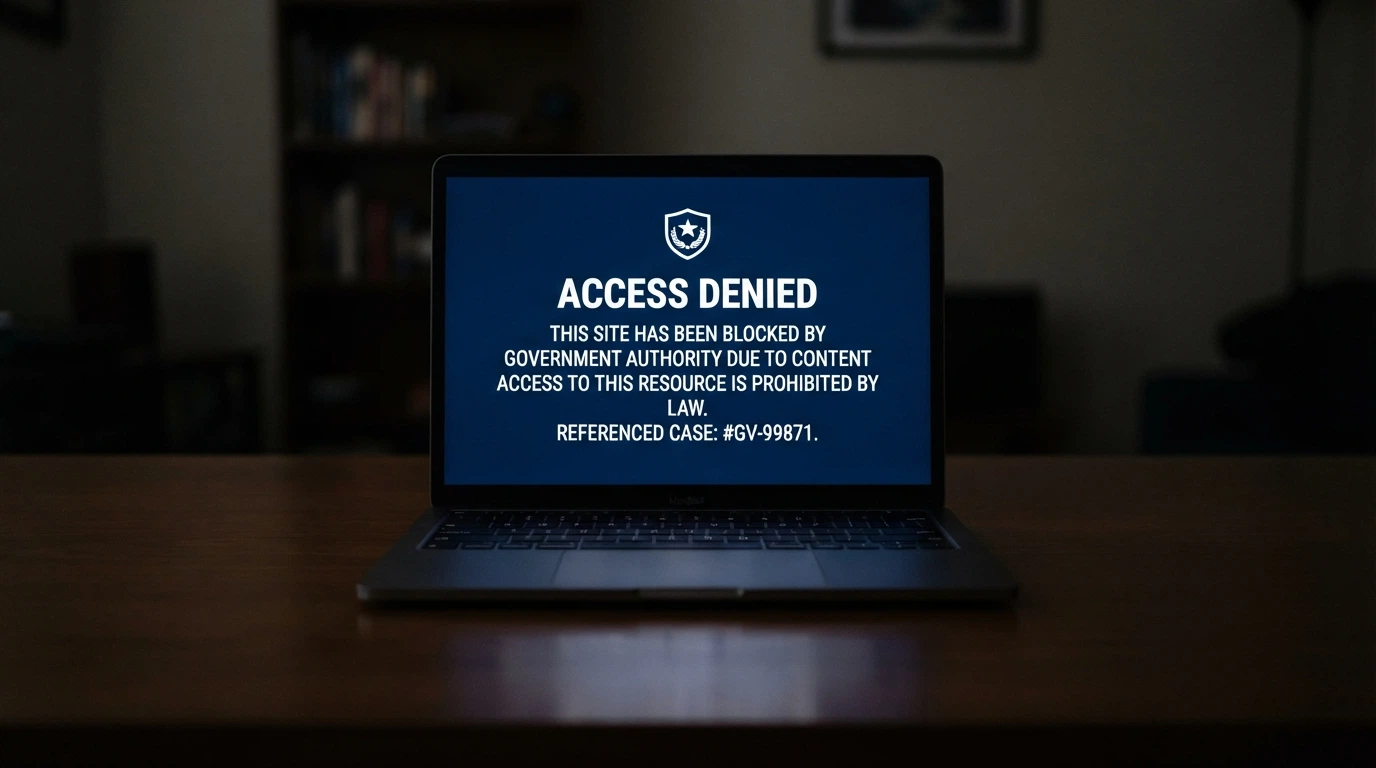 A laptop screen displaying the ACMA blocking notice that Australian ISPs serve when a blocked gambling site is accessed