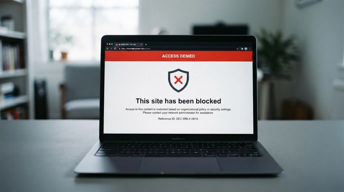 A browser window displaying a blocked-website notice with the ACMA logo and the words This site has been blocked under Australian law