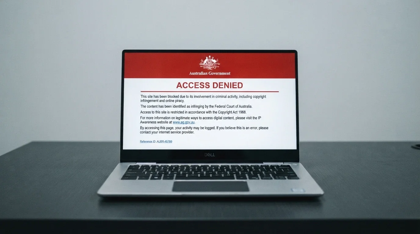 A laptop screen displaying an ACMA blocking notice — the page an Australian ISP serves when a site has been blocked under the IGA