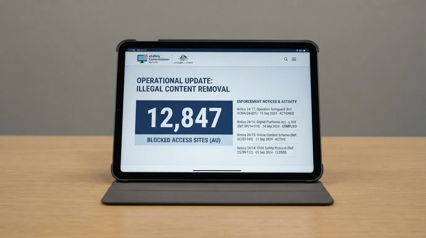 An iPad showing the ACMA website or a stylised representation of blocked gambling services — 1,564 sites blocked as at March 2026