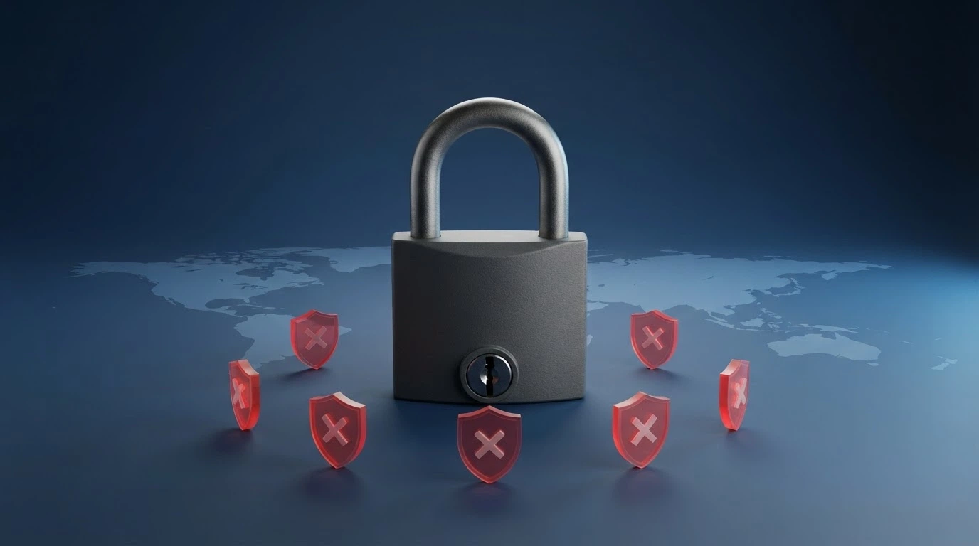 A stylised map of Australia with blocked-site icons at the borders and an ACMA enforcement notice document in the foreground