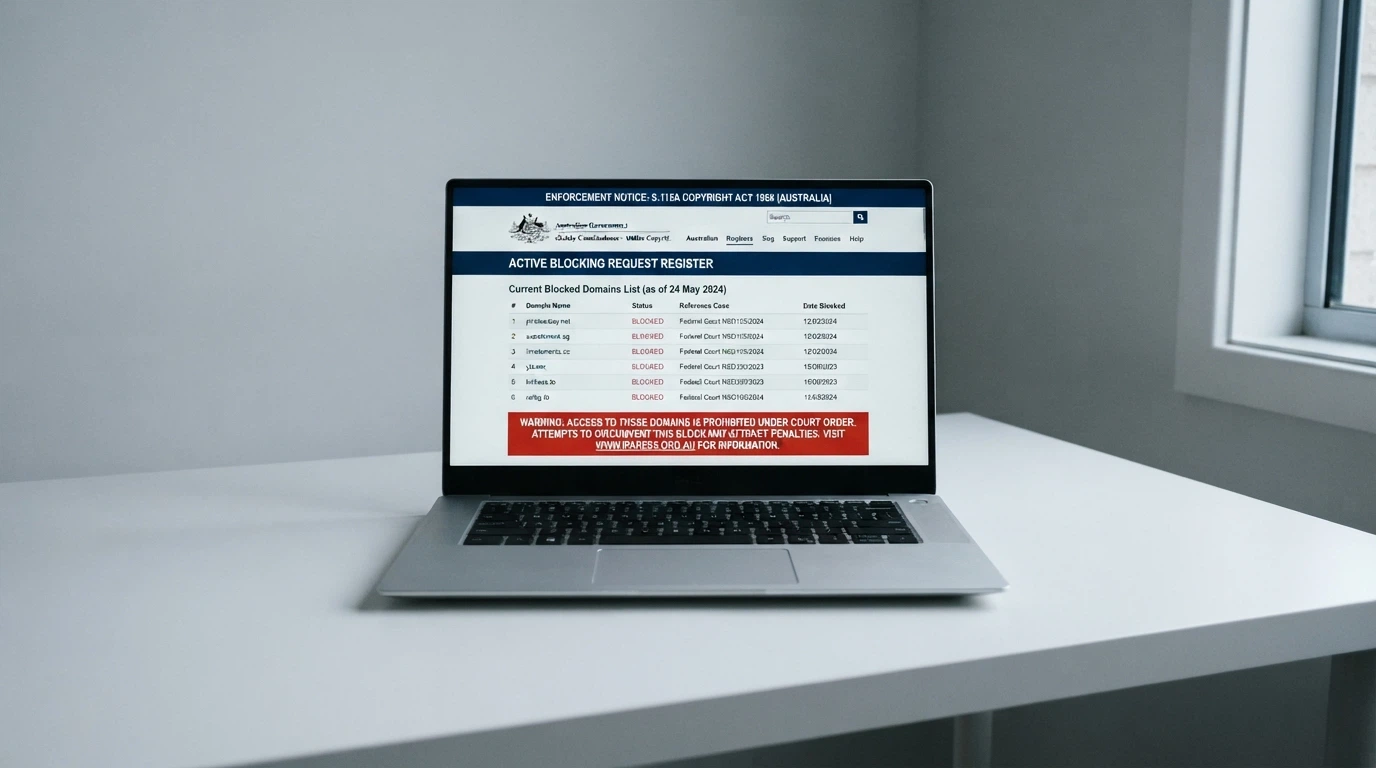 A laptop screen showing the ACMA website with its blocking-request register and the Interactive Gambling Act enforcement notice