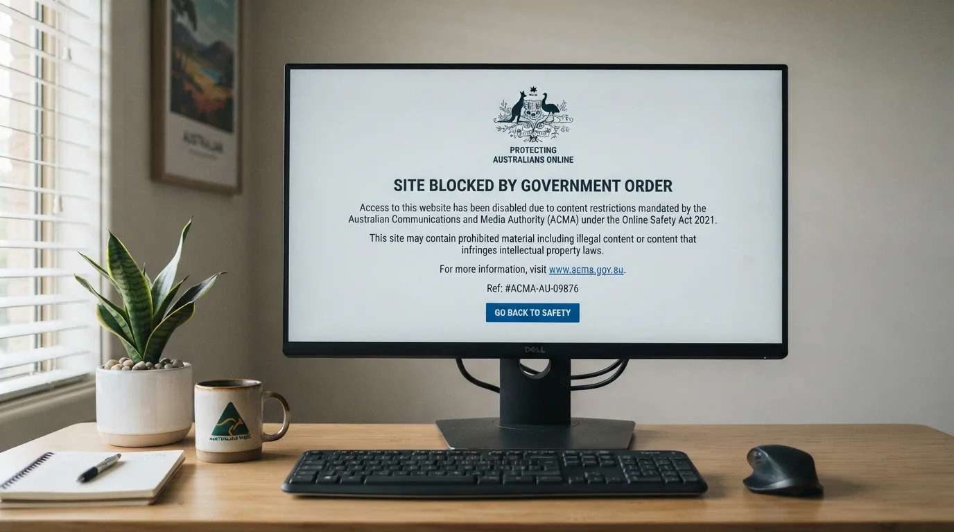 An ACMA website-block notice displayed in a desktop browser window with the ACMA logo visible