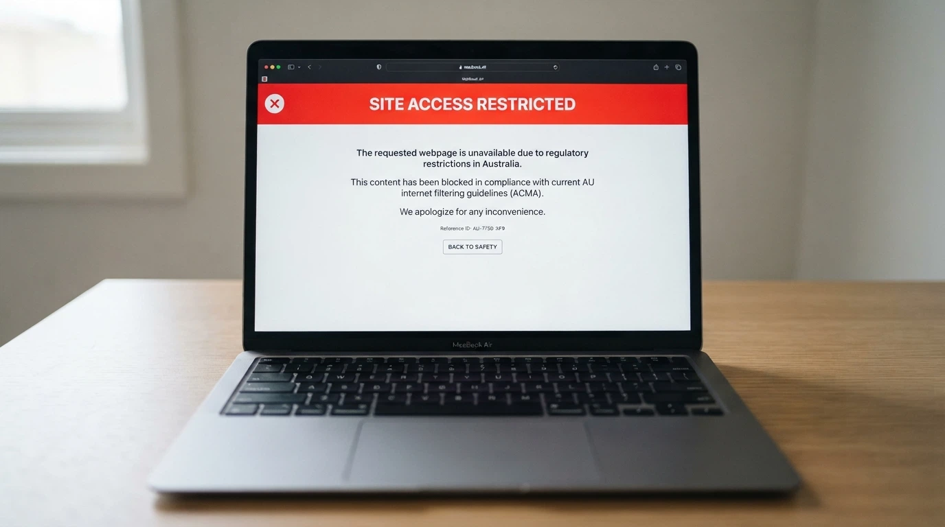 An ACMA website page or an ISP-level blocking notice displayed on a desktop or mobile screen