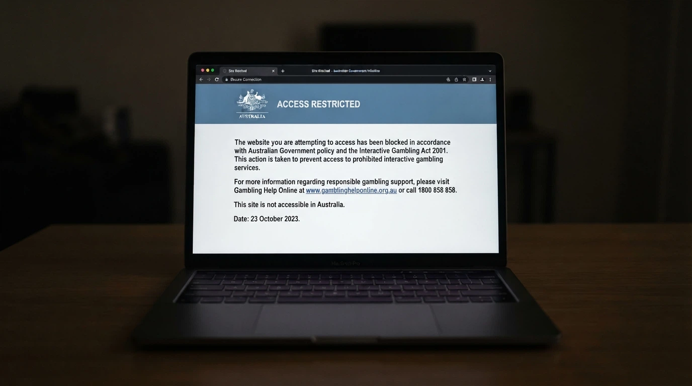 A stylised representation of an ACMA blocking notice as it appears to an Australian user — a plain information screen replacing the blocked casino site, with the ACMA logo visible