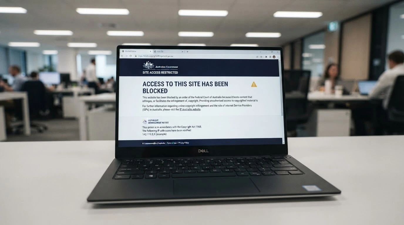 A mock-up of an ACMA blocking notice as it appears in a browser, with the ACMA logo and text explaining the site has been blocked under the Interactive Gambling Act 2001