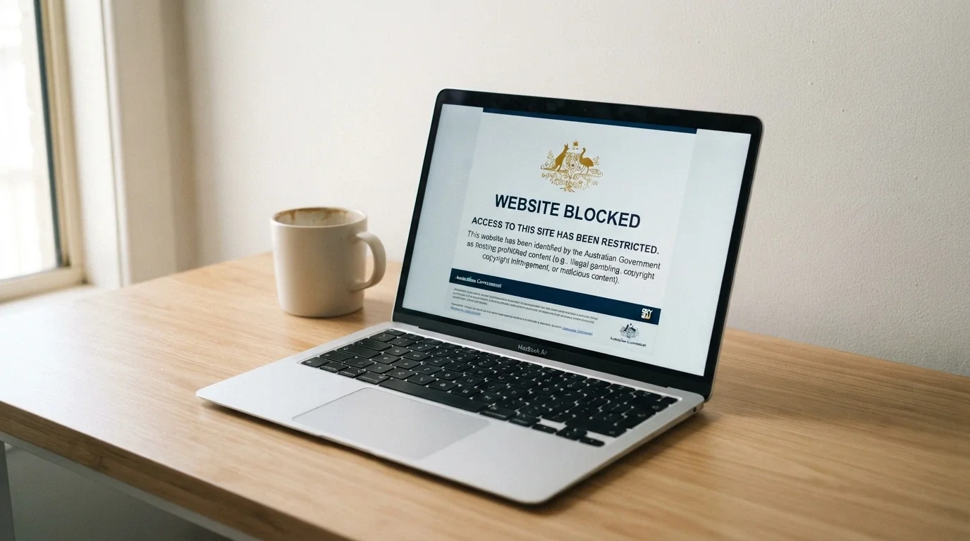 Laptop displaying an ACMA website-blocking notice with the Australian Government crest visible