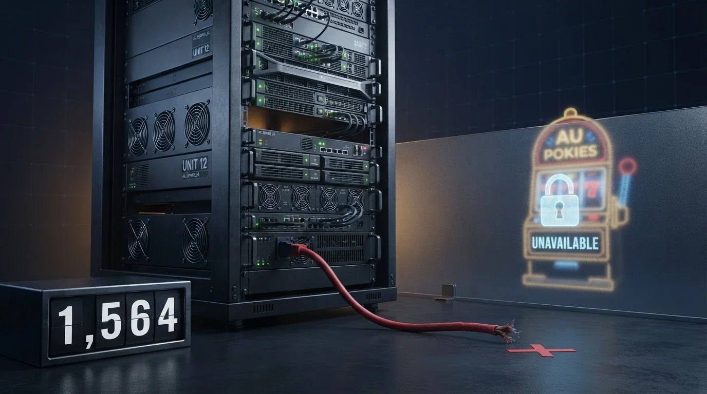 A visual representation of the ACMA blocking process: an ISP server rack with a red crossed-out connection path to an offshore casino, a counter showing the 1,564 blocked sites figure, and the ACMA logo
