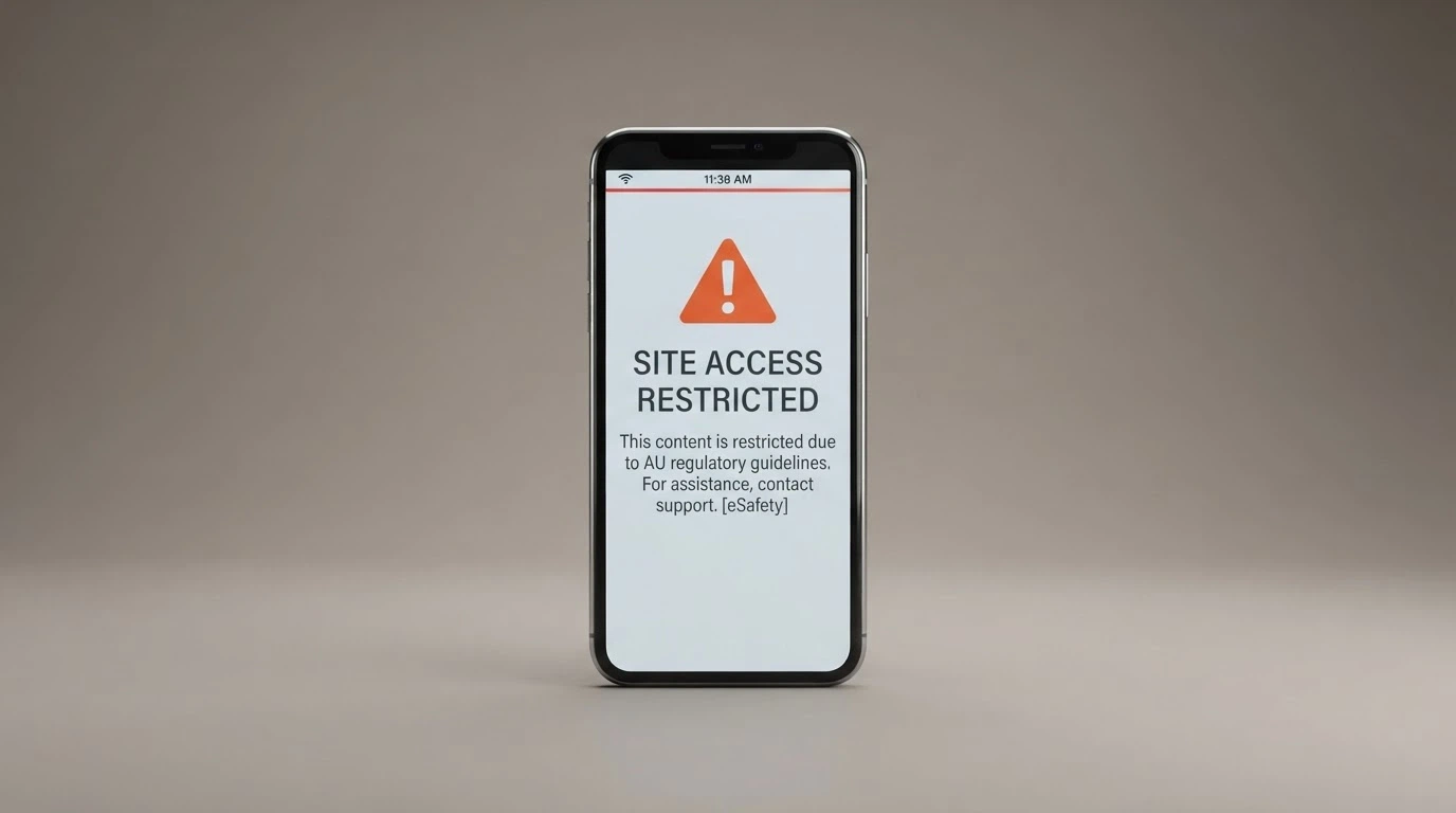 A stylised representation of an ACMA site-blocking notice on an iPhone screen