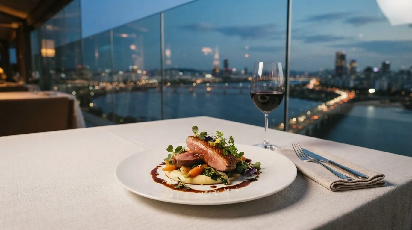A plated fine-dining dish at Aloria with the Brisbane River visible through floor-to-ceiling windows