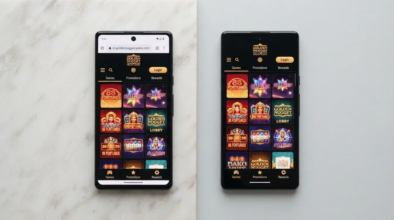 A split-screen view of the same casino lobby open in Chrome on an Android phone and as a home-screen shortcut icon