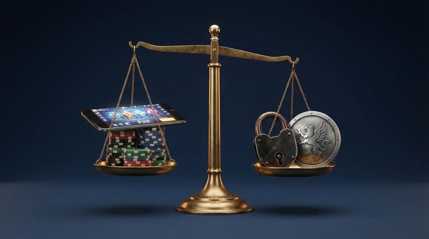 A balanced scale — one side showing the appeal (speed, privacy, game access), the other showing the risks (no consumer protection, ACMA blocking, soft KYC trap)