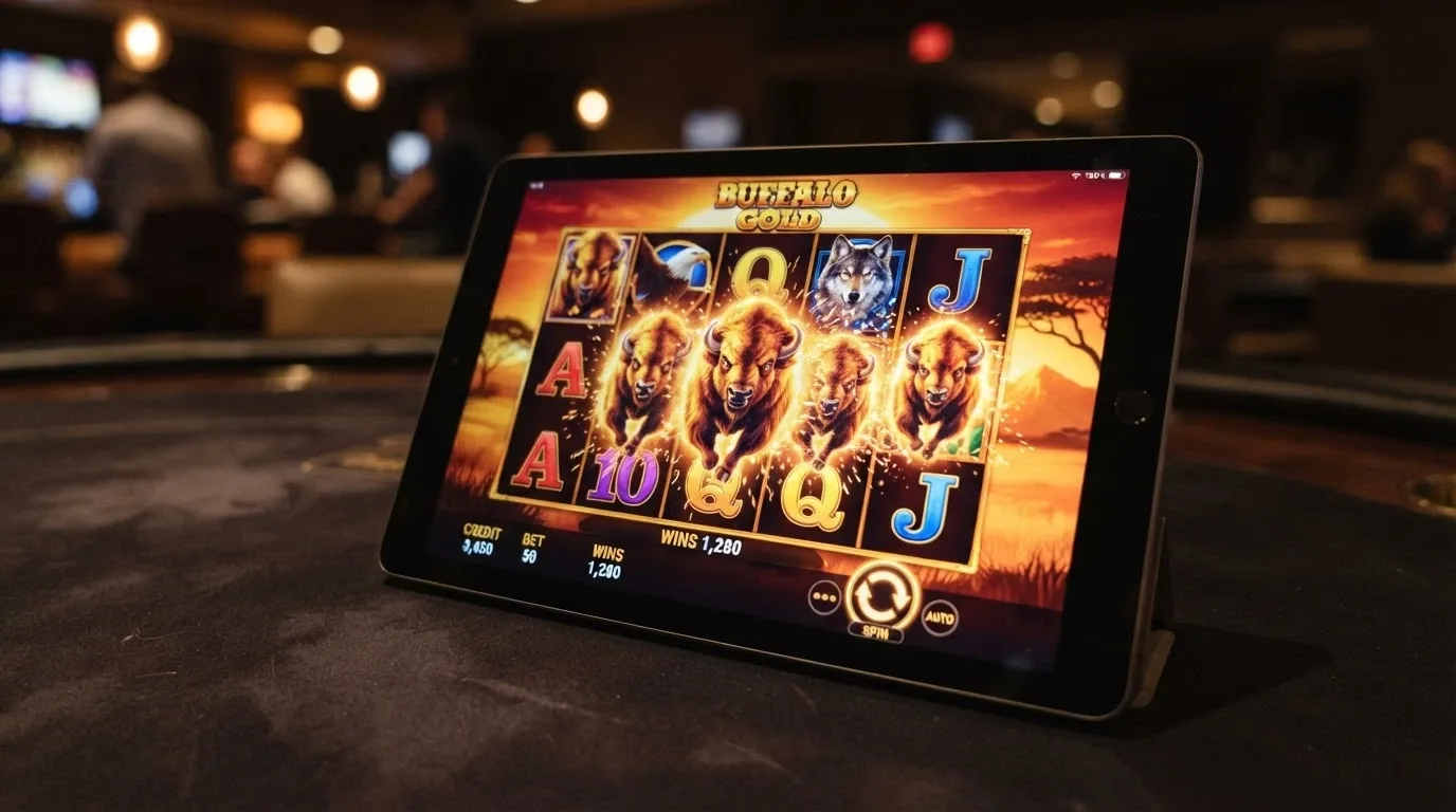 An iPad screen displaying Buffalo Gold by Aristocrat in landscape orientation, with the buffalo symbols and golden sunset backdrop visible