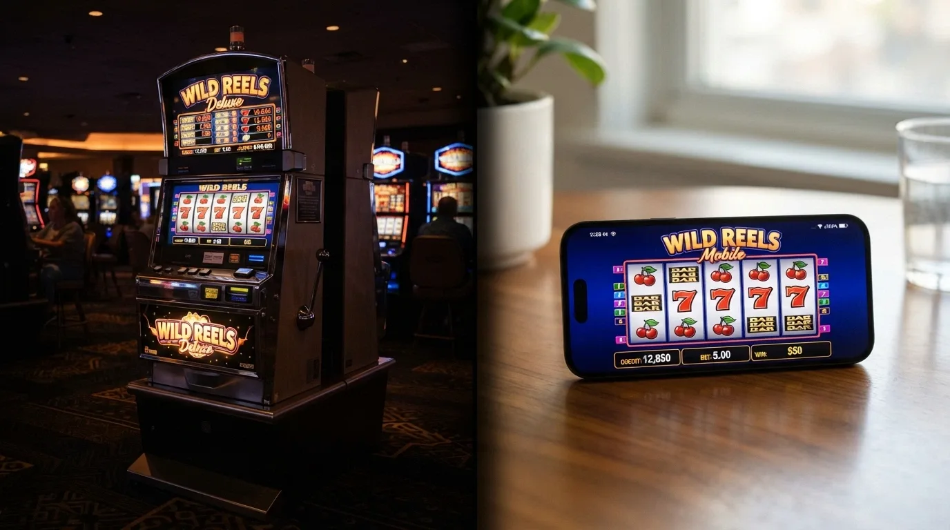 A side-by-side: an Aristocrat land-based cabinet with Lightning Link on one side and a generic mobile pokies screen on the other