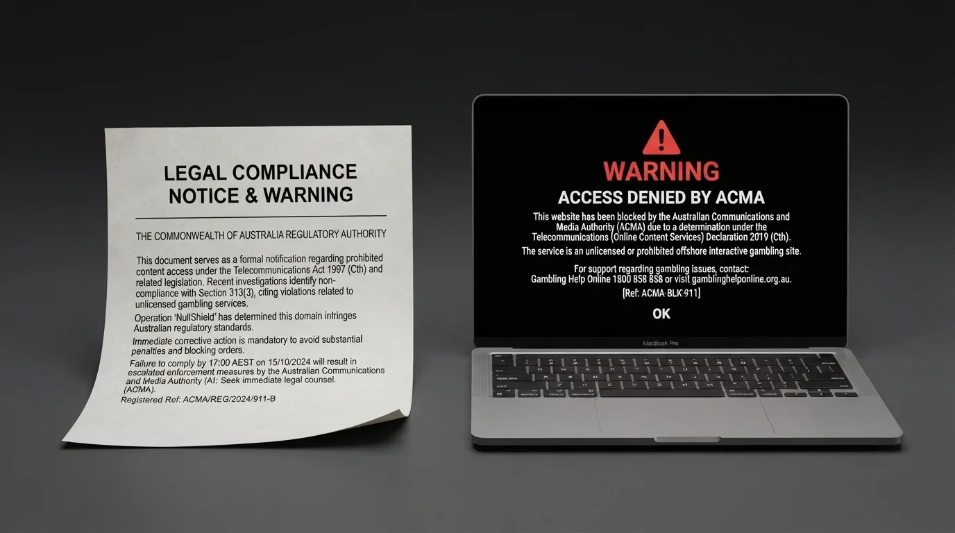 An official-looking document with the Interactive Gambling Act 2001 header beside a laptop showing a blocked-website notice from the ACMA