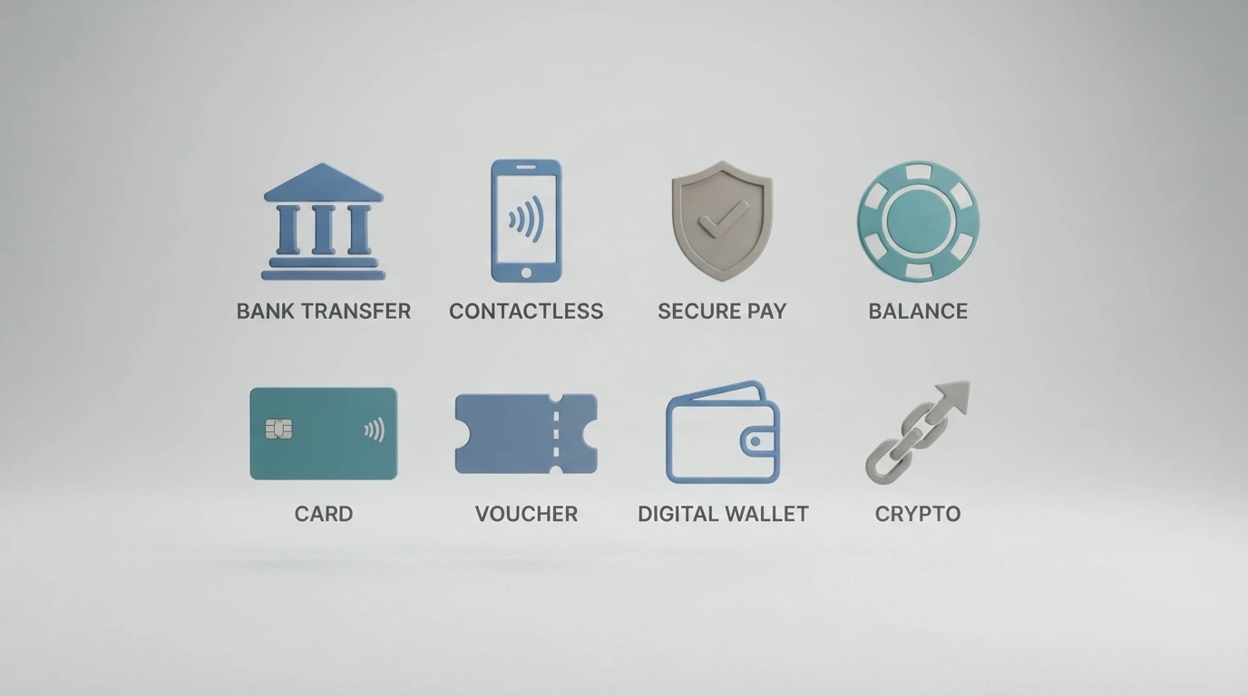 A clean grid or row of payment-method logos and icons — PayID, POLi, Visa, Mastercard, Bitcoin, Skrill, Neteller, Neosurf, Paysafecard — arranged as a visual menu