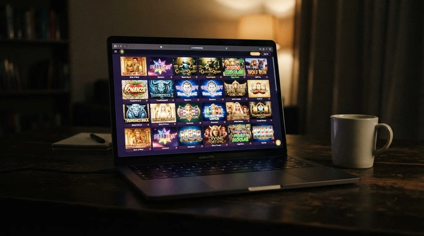 A grid of pokies thumbnails from Pragmatic Play, IGTech and Evolution showing the variety available offshore