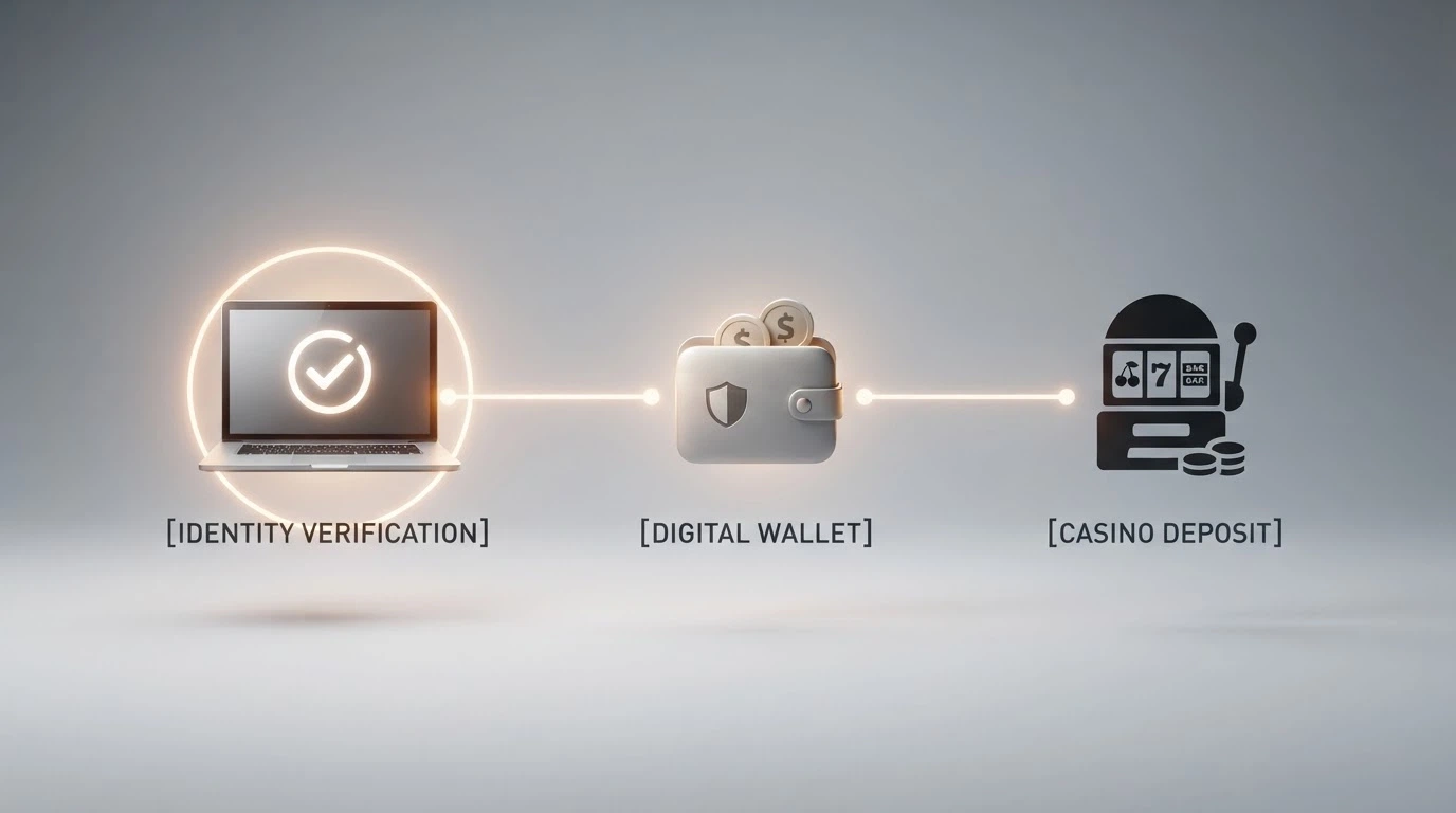 A diagram showing the flow from an Australian crypto exchange (with a KYC checkmark) to a non-custodial wallet to a casino deposit address, with the identity link marked at the exchange stage