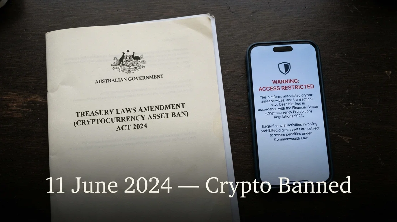 A close-up of the Interactive Gambling Act cover page beside a smartphone showing an ACMA blocking notice, with the words “11 June 2024 — Crypto Banned” overlaid