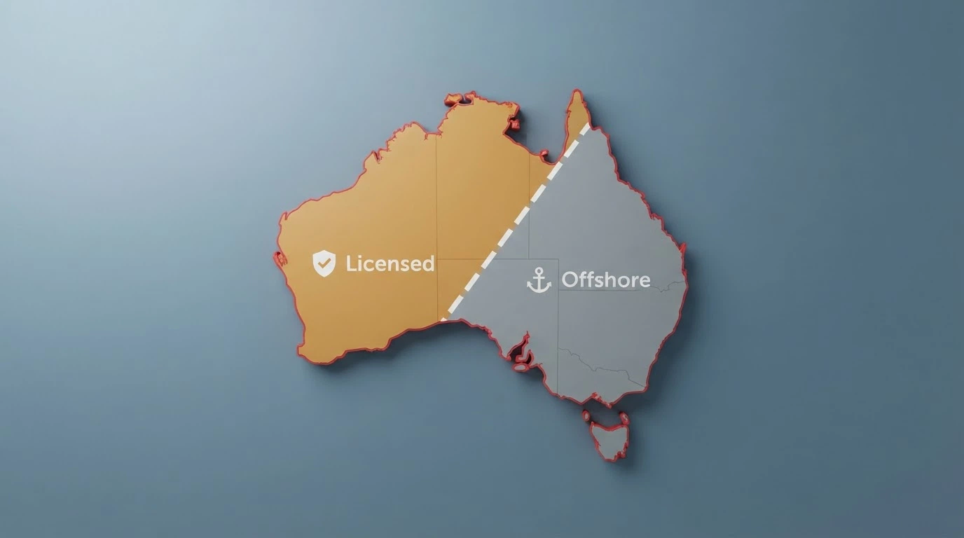 A simplified map of Australia with a dashed line separating an onshore zone marked “Licensed — No Online Casino” from an offshore zone marked “Curaçao-Licensed — No AU Protection”