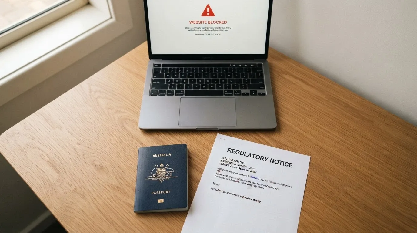 A desk with an Australian passport, a printed ACMA notice, and a laptop displaying a blocked-website notice, cleanly lit