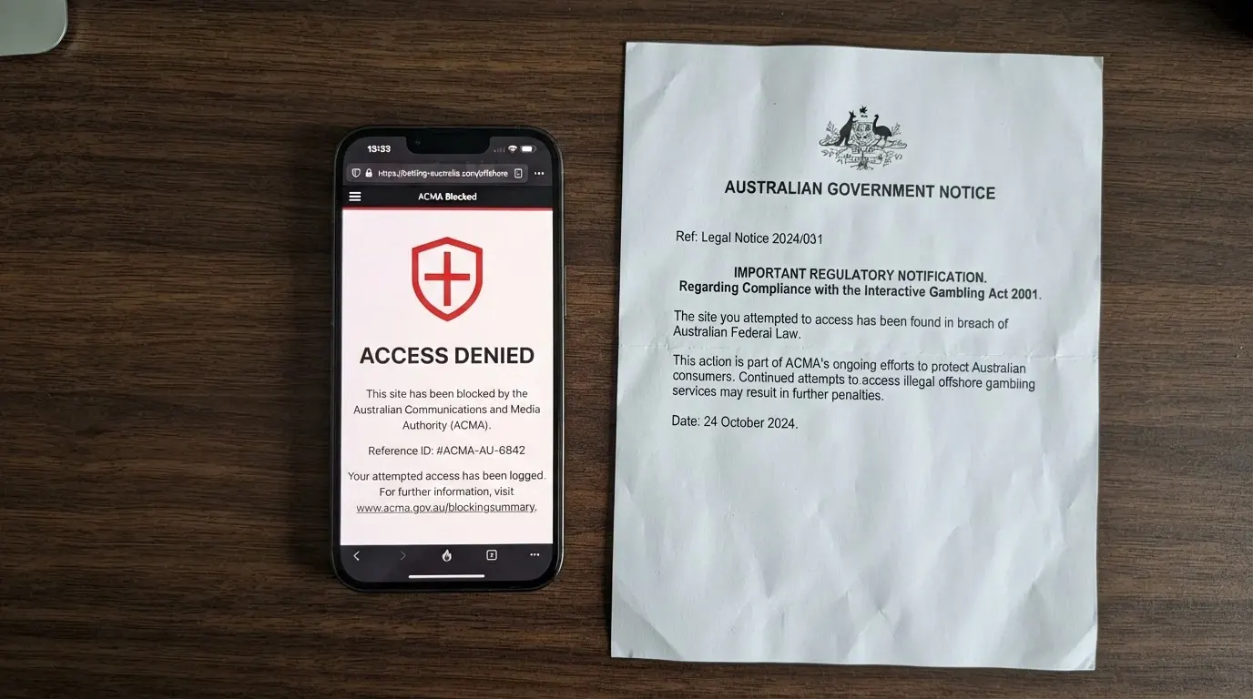 An ACMA-branded document or blocking-notice graphic beside a smartphone showing a blocked-site message