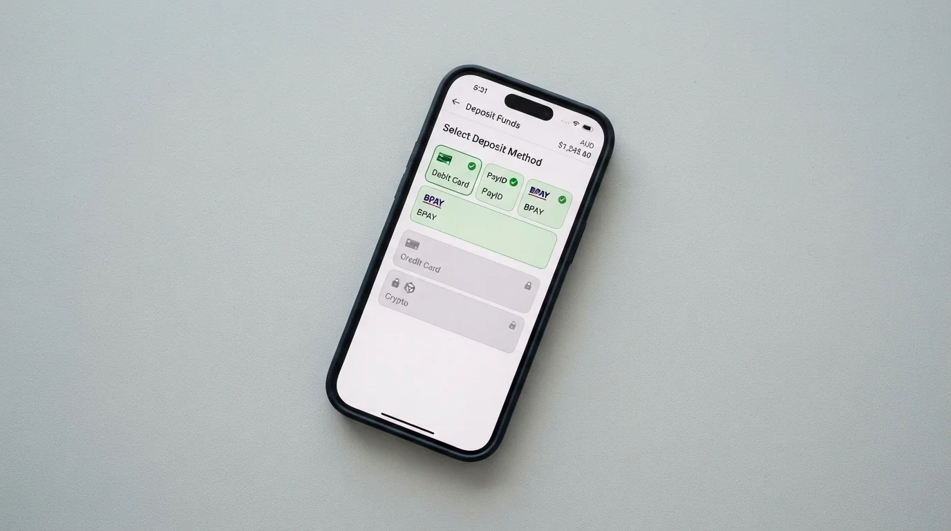 A smartphone screen showing a deposit-method selection page with debit card, PayID and BPAY highlighted in green, and credit card and crypto greyed out with a lock icon