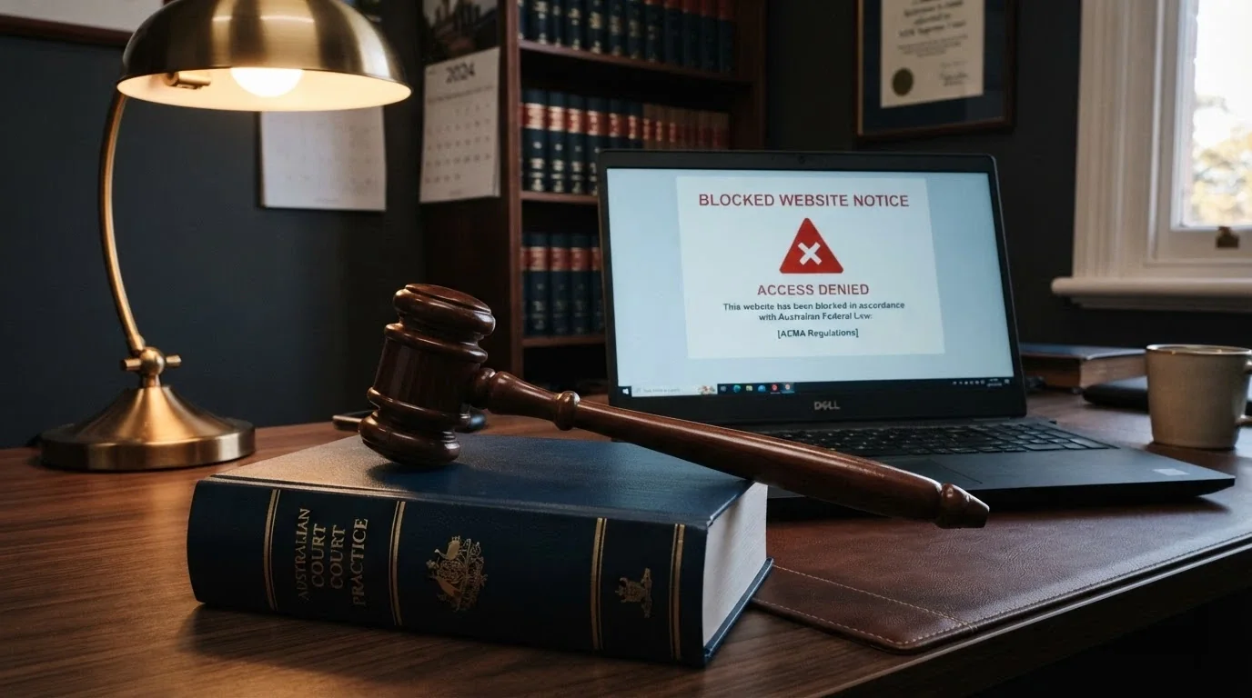 A gavel resting on a copy of Australian legislation, with a screen behind it showing a blocked-website notice from ACMA.