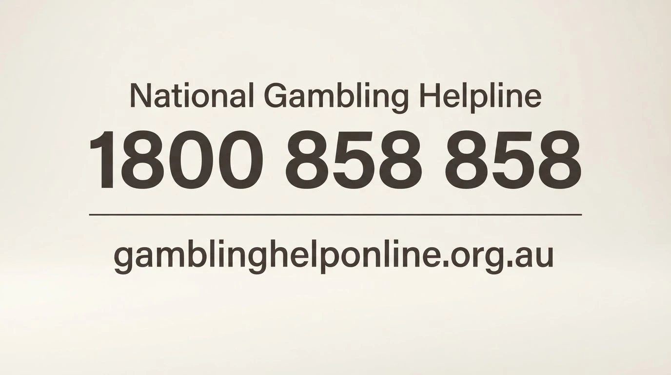 A clean, text-focused image displaying the National Gambling Helpline (1800 858 858) and Gambling Help Online URL with a supportive, non-alarmist design