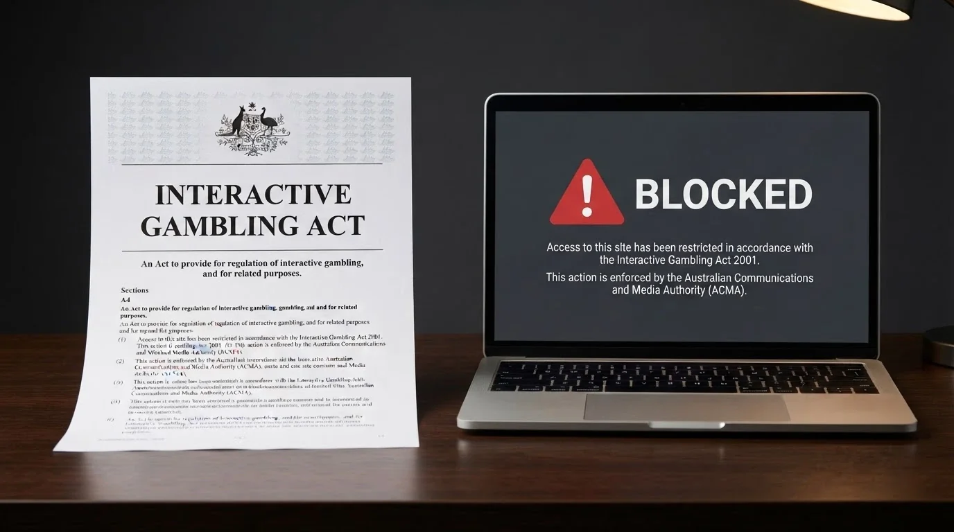 A government-style visual — the ACMA logo on a screen beside a document titled Interactive Gambling Act 2001, with a blocked-website notice visible