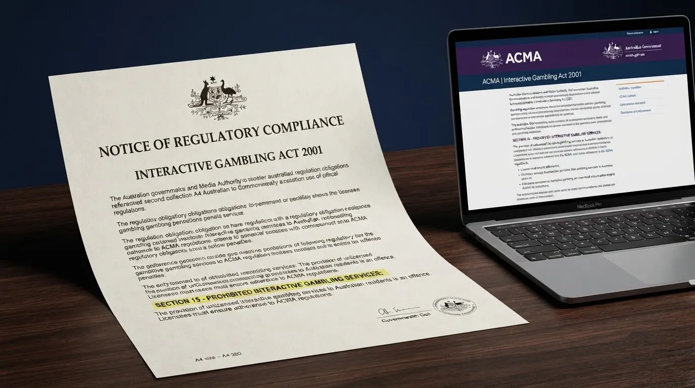 A government-style document or webpage header showing the Interactive Gambling Act 2001 reference, next to an ACMA logo on a screen
